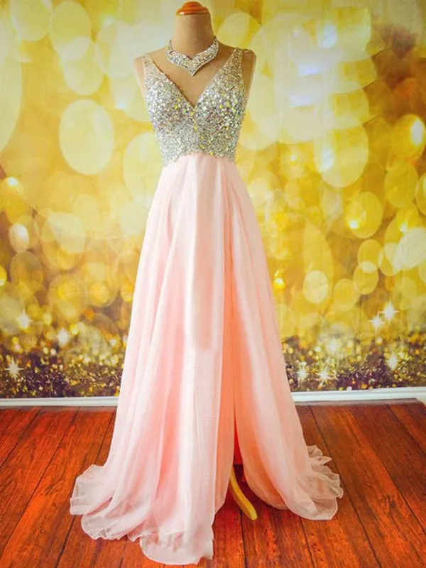Pink A Line V Neck Sleeveless Backless Long Prom Dresses, Pink V Neck Formal Dresses, Evening Dresses