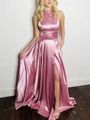 Pink High Neck Satin Long Prom Dresses, Pink Long Formal Evening Dresses