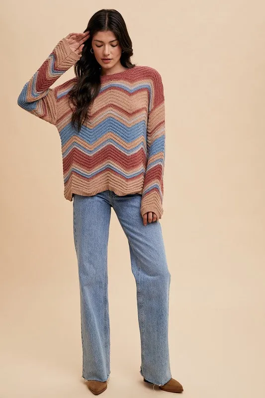 Pink Multi Color Zig-Zag Round Neck Sweater