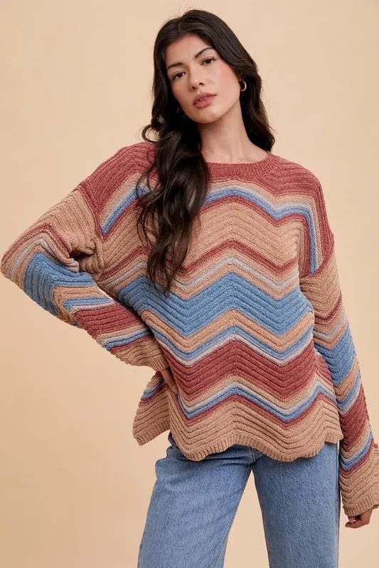Pink Multi Color Zig-Zag Round Neck Sweater