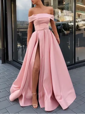 Pink Off Shoulder Satin Long Prom Dresses With High Slit, Pink Formal Dresses, Off The Shoulder Evening Dresses