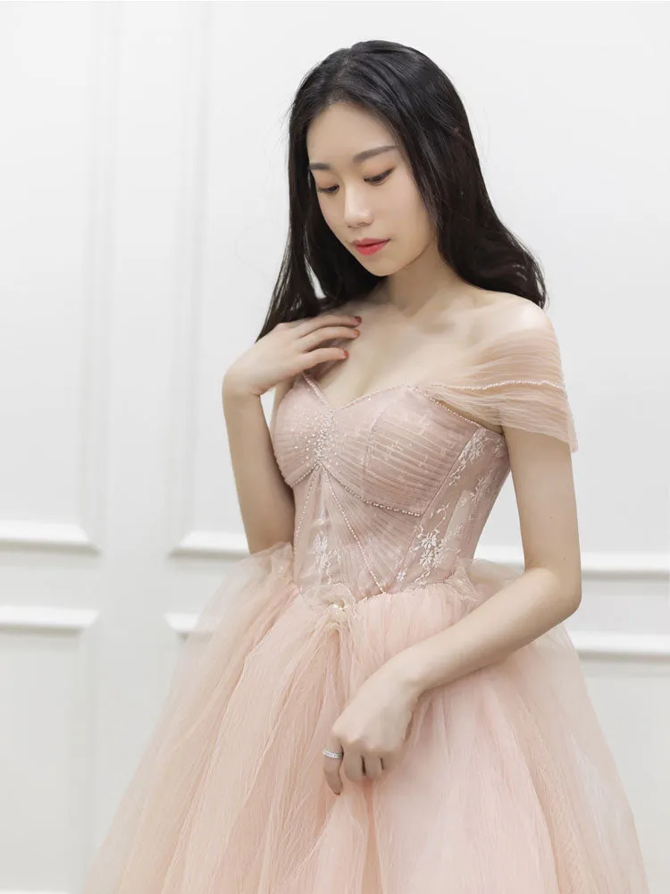Pink Off Shoulder Tulle Lace Long Prom Dress, Pink Formal Dress