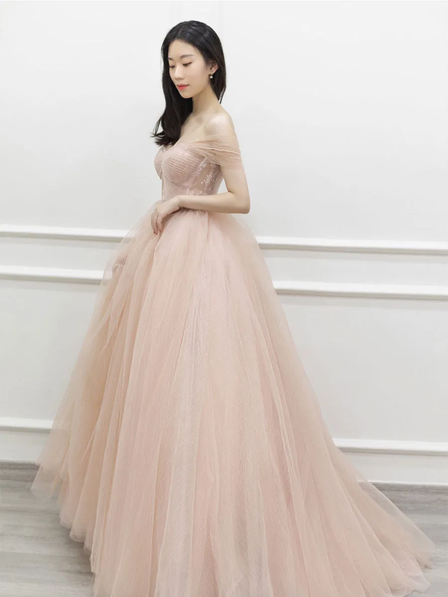 Pink Off Shoulder Tulle Lace Long Prom Dress, Pink Formal Dress