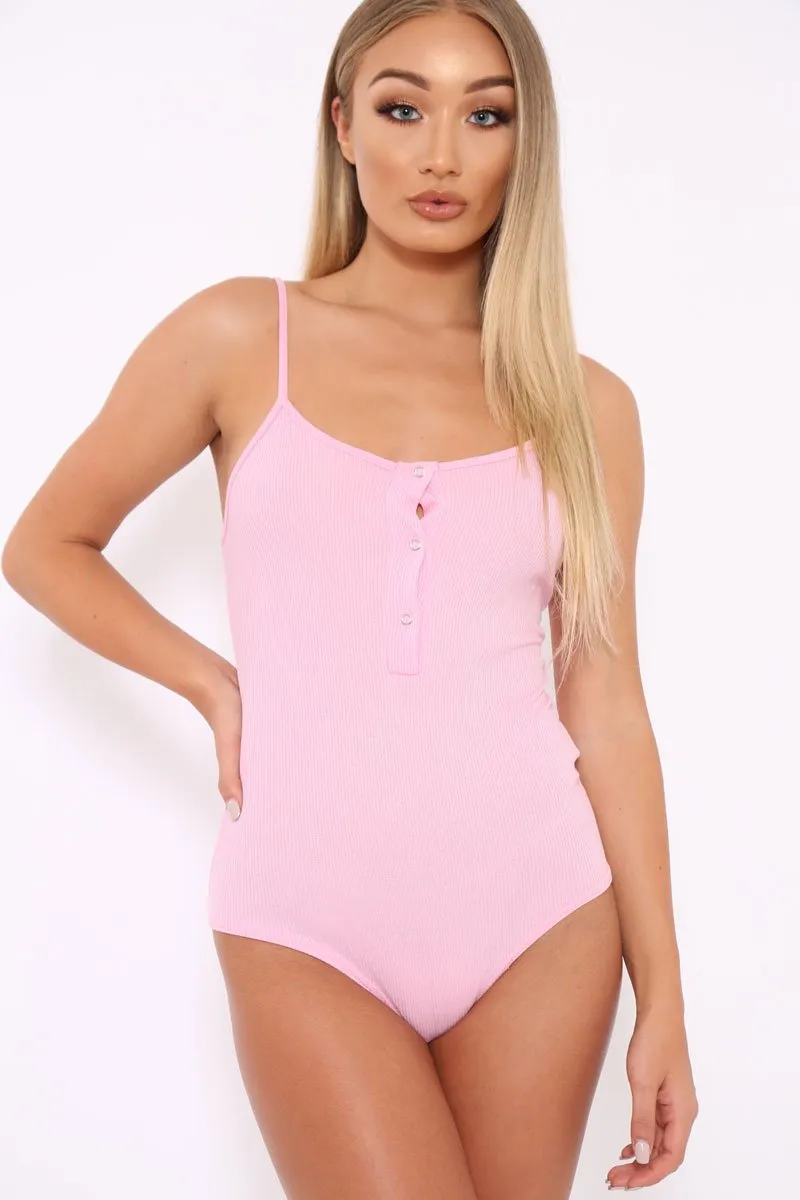Pink Ribbed Popper Front Bodysuit - Baylee