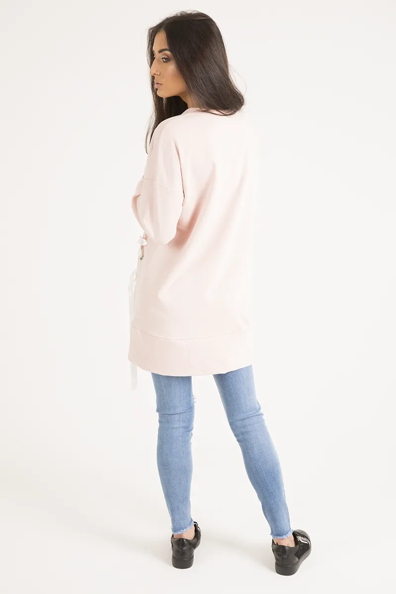 Pink Ribbon Lace Up Dipped Hem Jumper - Wilma