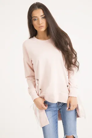 Pink Ribbon Lace Up Dipped Hem Jumper - Wilma