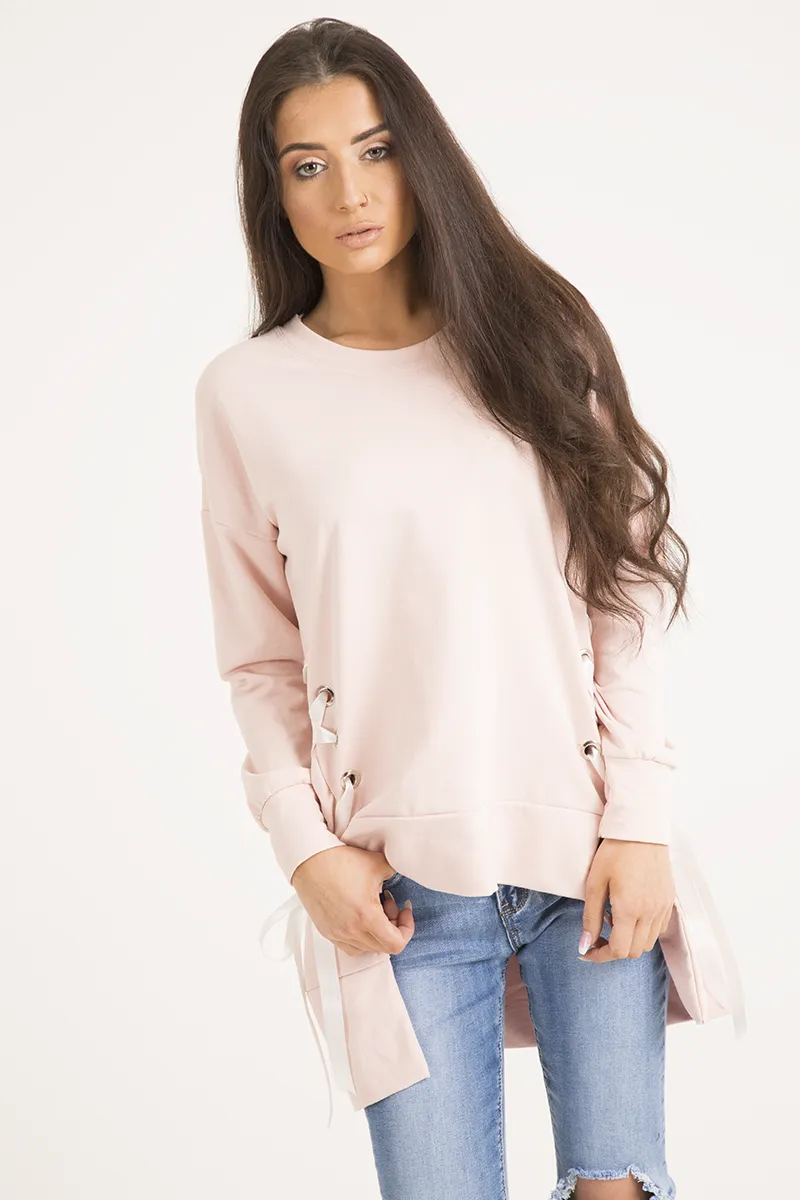 Pink Ribbon Lace Up Dipped Hem Jumper - Wilma