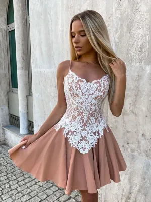 Pink Short Prom Dress, Mini/Short Lace Cute Homecoming Dresses