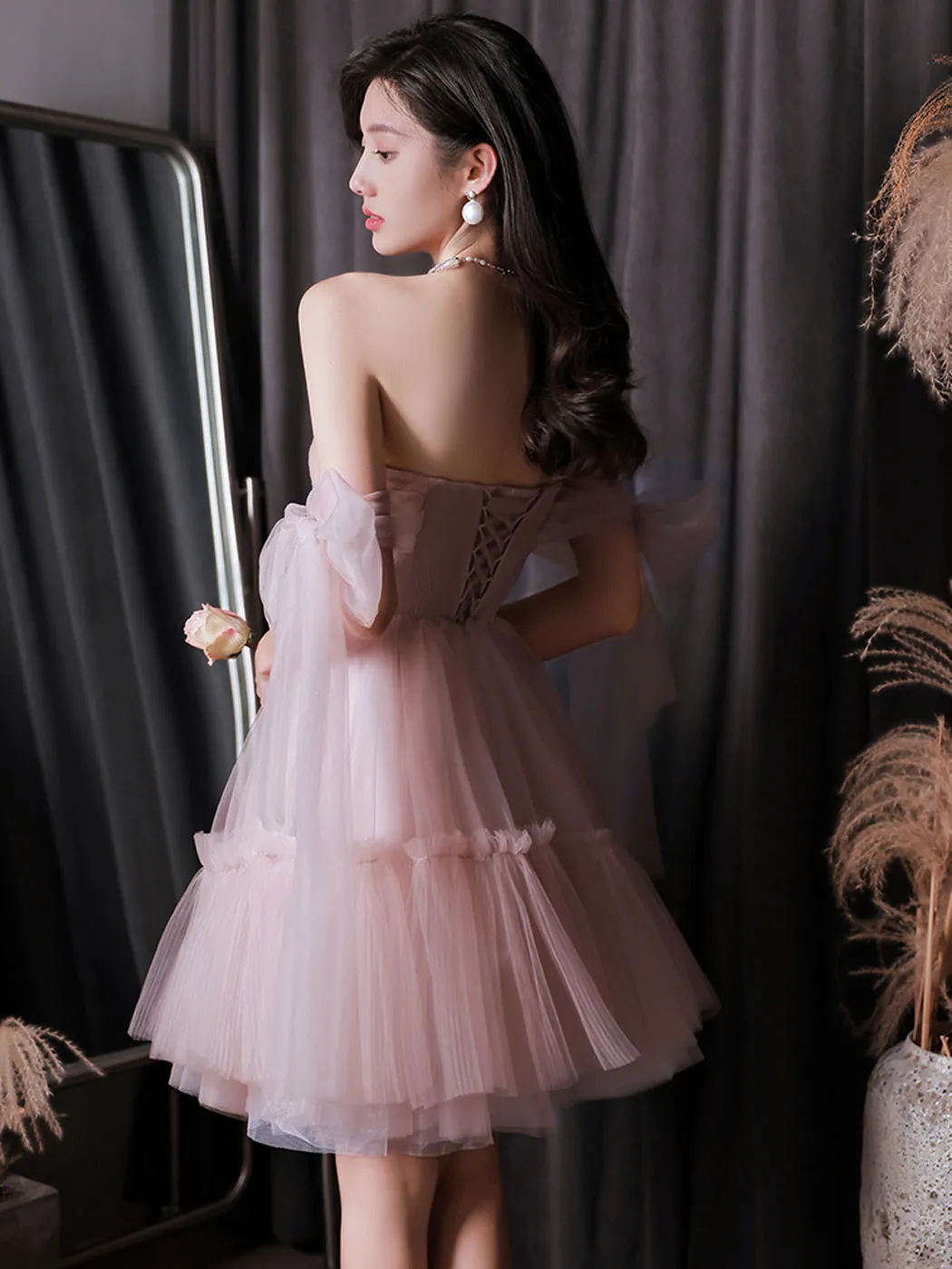 Pink tulle off shoulder short prom dress pink homecoming dress