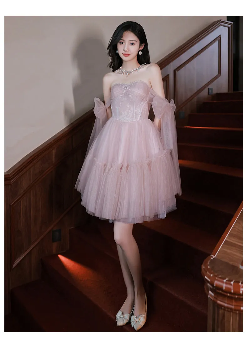 Pink tulle off shoulder short prom dress pink homecoming dress