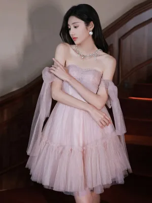 Pink tulle off shoulder short prom dress pink homecoming dress
