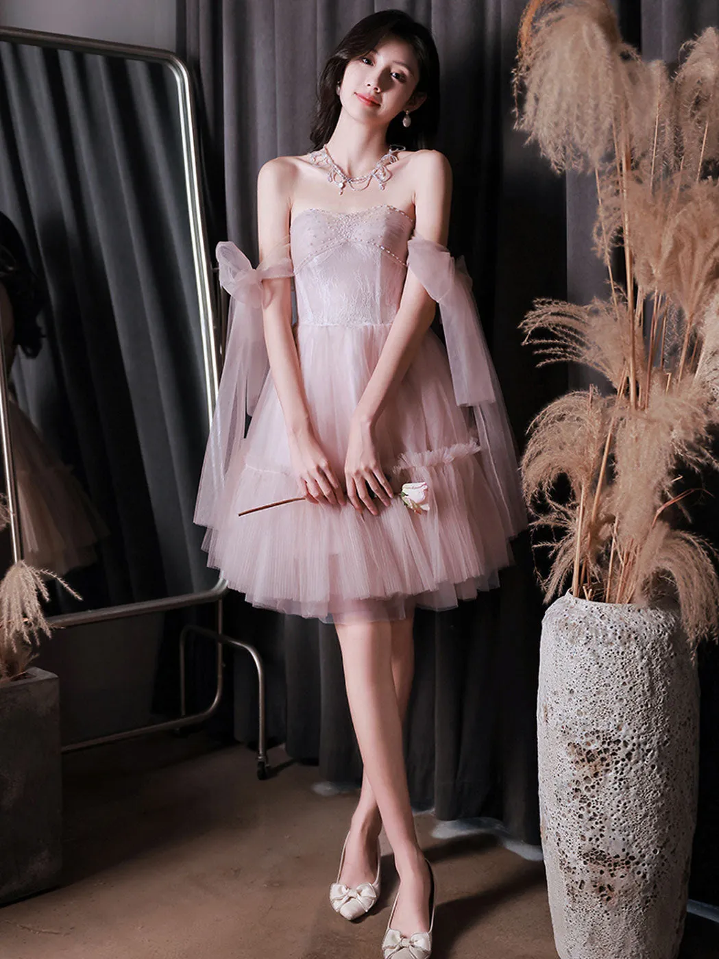 Pink tulle off shoulder short prom dress pink homecoming dress