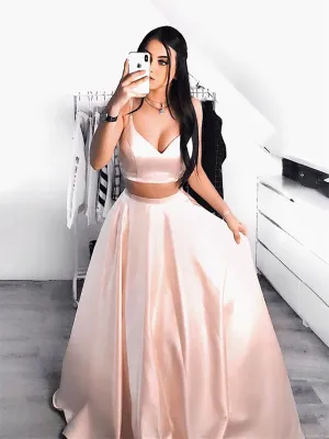 Pink Two Pieces Satin Long Prom Dresses, Pink 2 Pieces Satin Long Party Evening Dresses