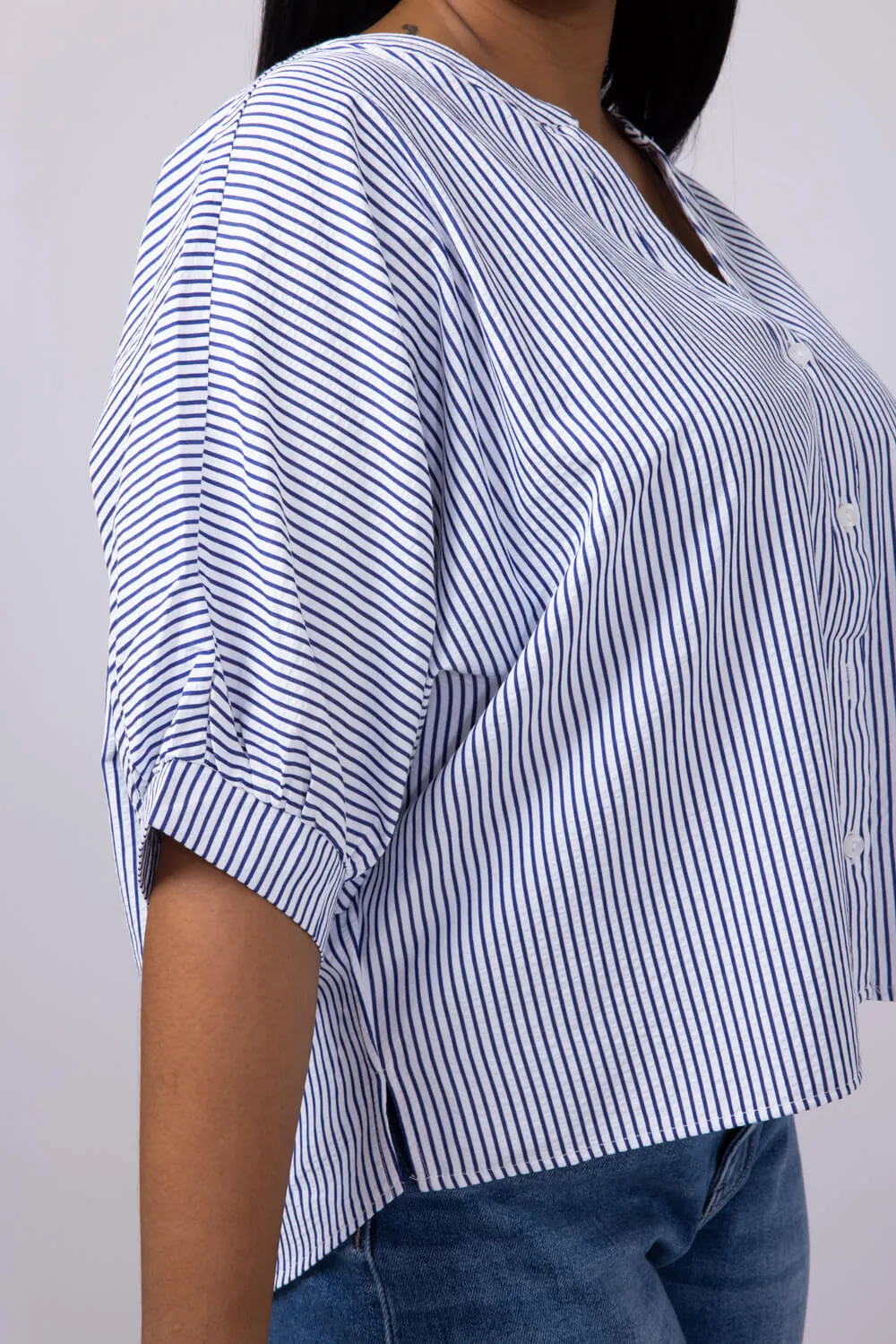 Pinstripe Split Neck Button Front Top for Women in Navy | AT8201-NVY
