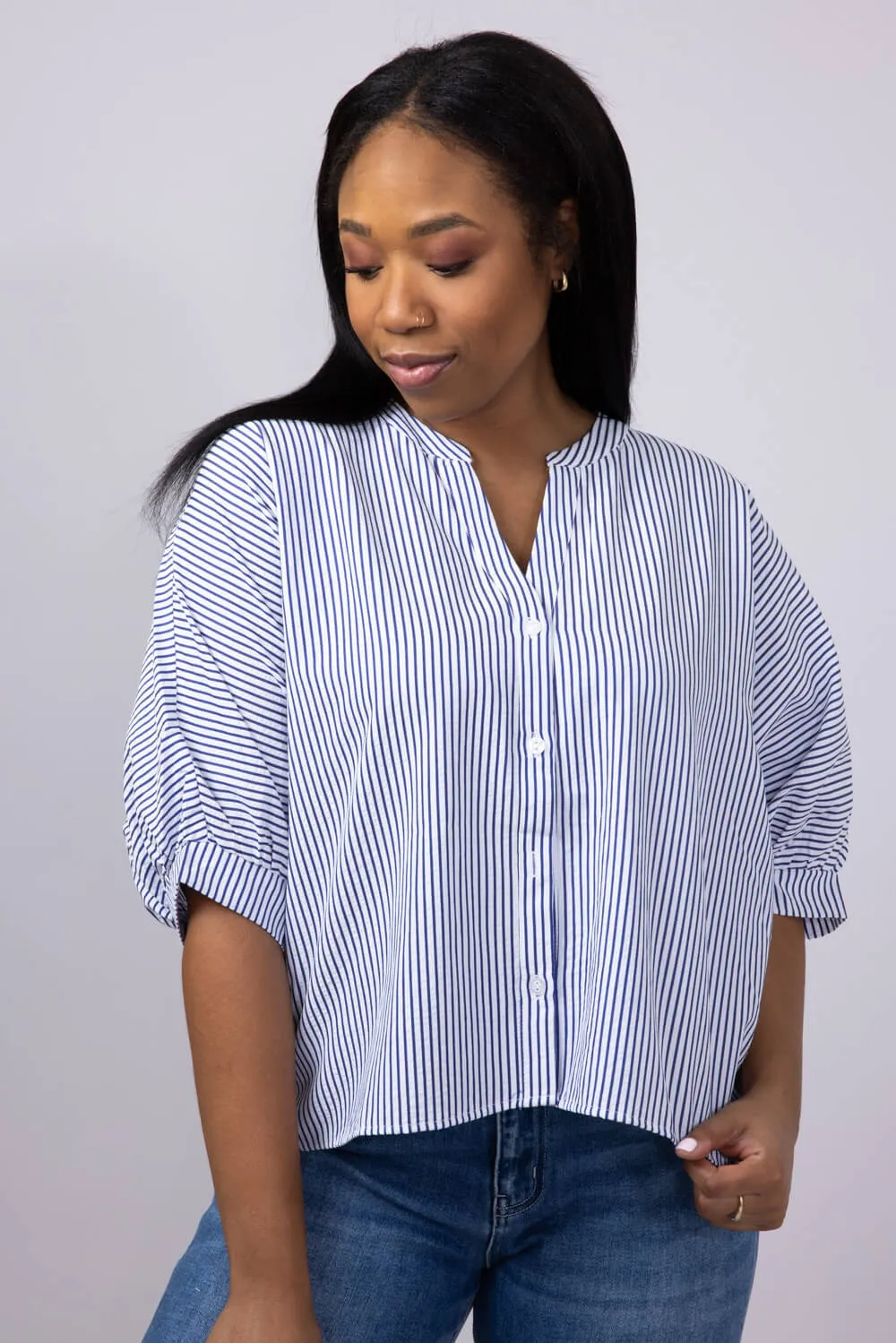 Pinstripe Split Neck Button Front Top for Women in Navy | AT8201-NVY