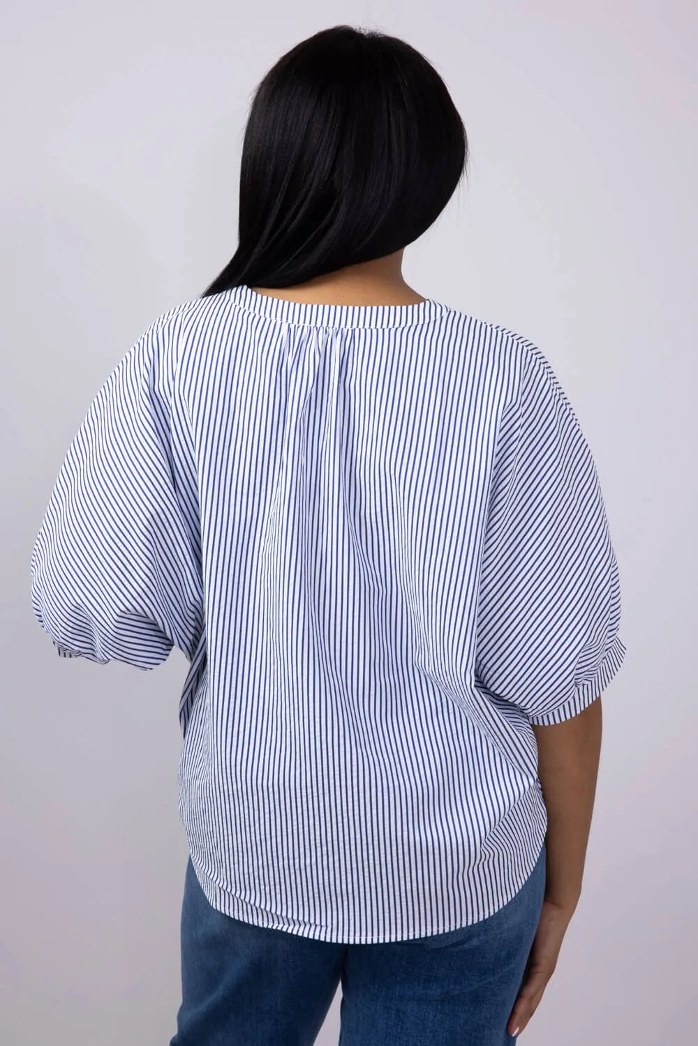 Pinstripe Split Neck Button Front Top for Women in Navy | AT8201-NVY