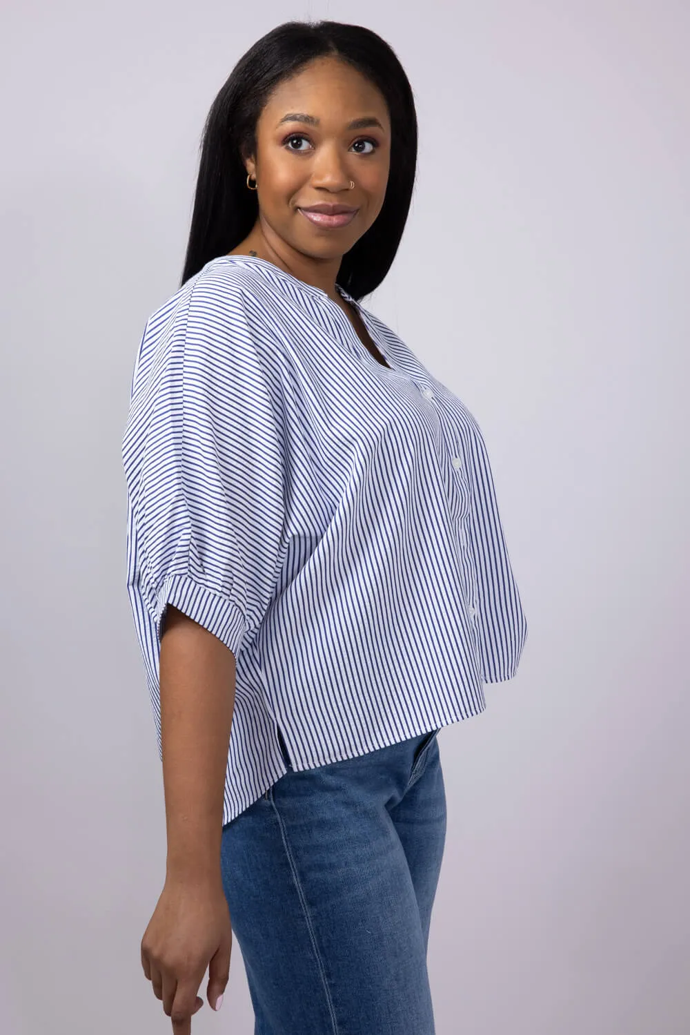 Pinstripe Split Neck Button Front Top for Women in Navy | AT8201-NVY