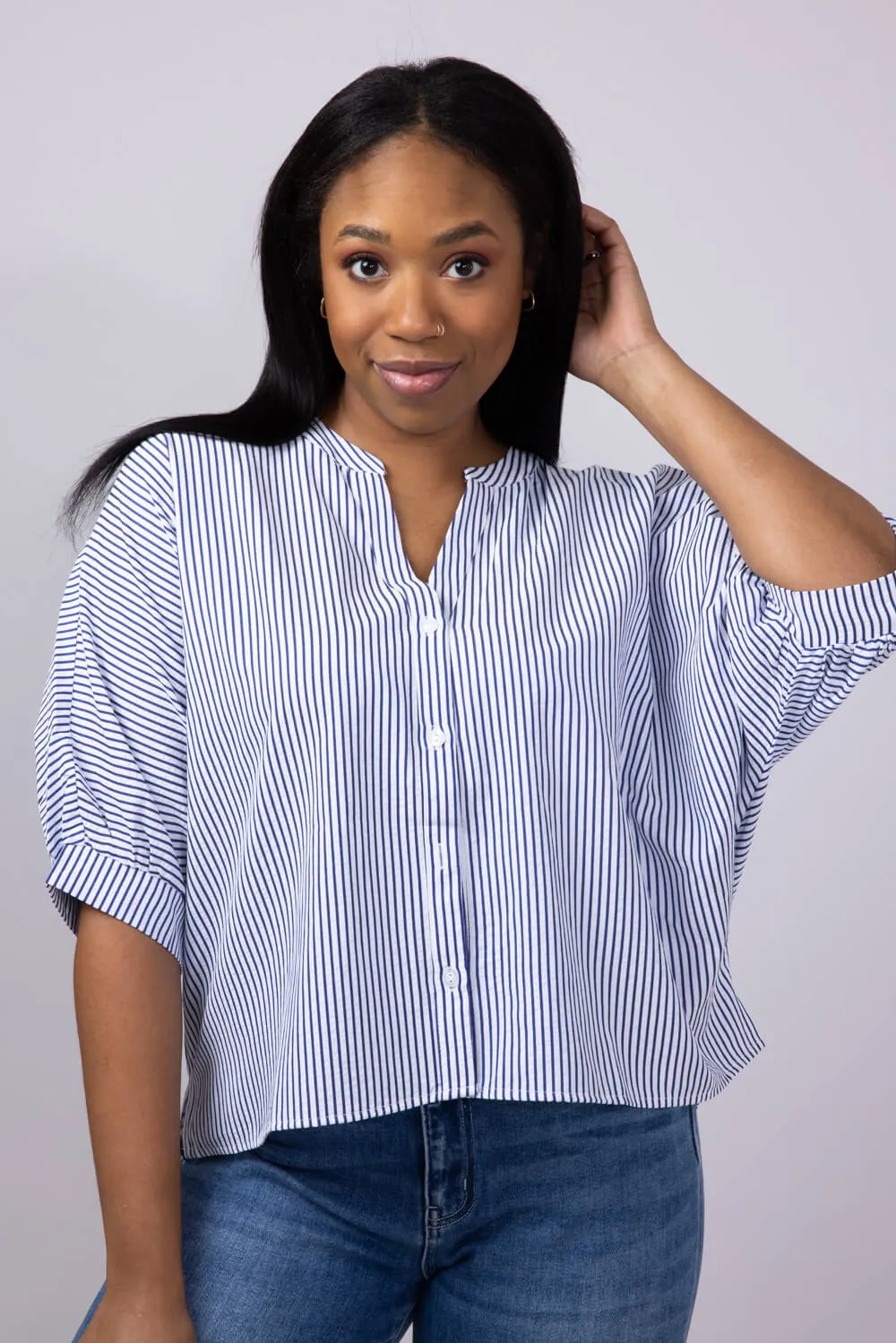Pinstripe Split Neck Button Front Top for Women in Navy | AT8201-NVY