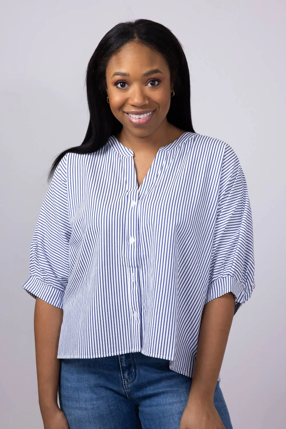 Pinstripe Split Neck Button Front Top for Women in Navy | AT8201-NVY