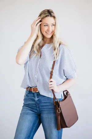 Pinstripe Split Neck Button Front Top for Women in Navy | AT8201-NVY