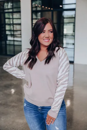 Piper Zebra Contrast Sweater - Taupe