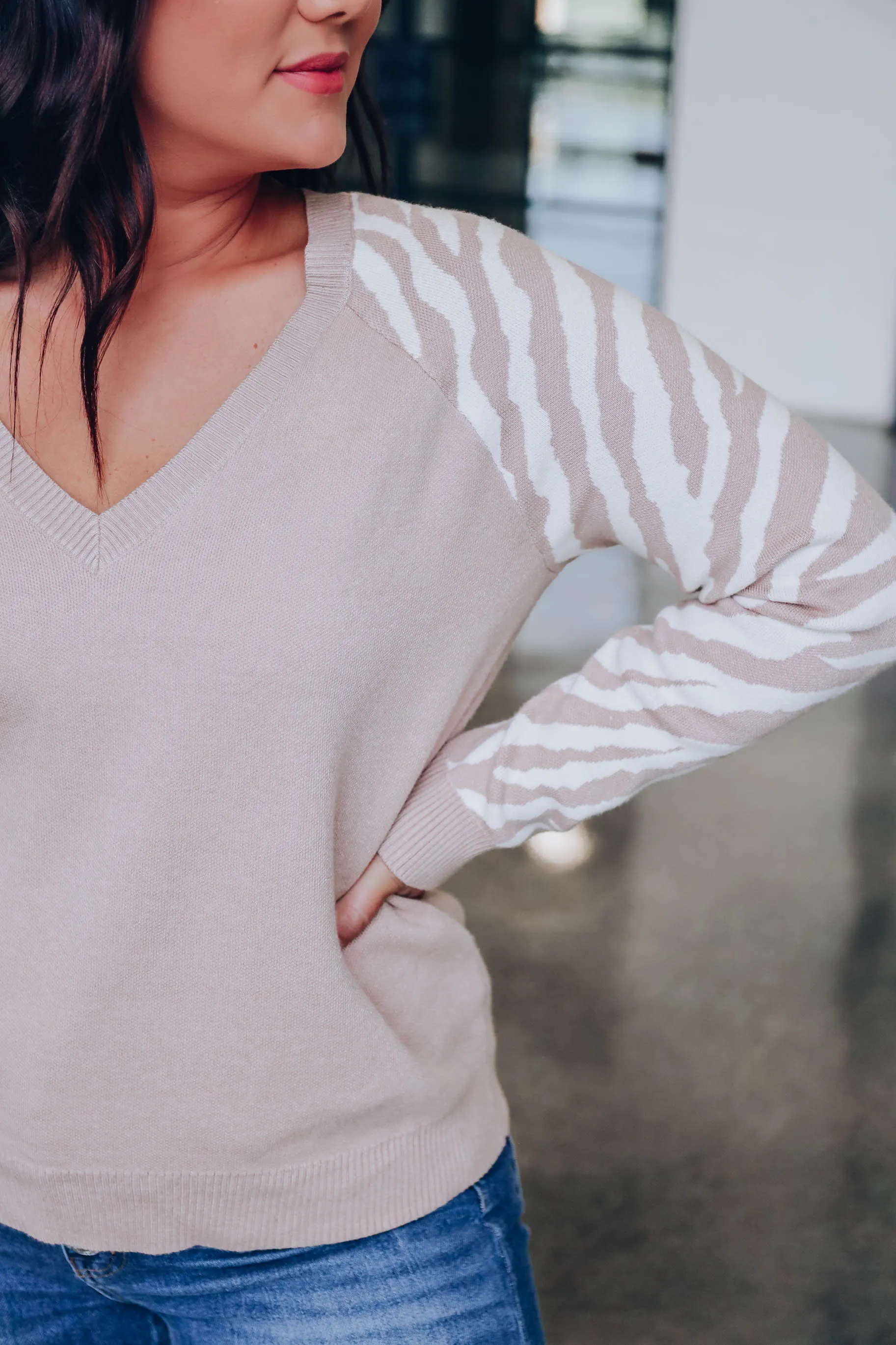 Piper Zebra Contrast Sweater - Taupe