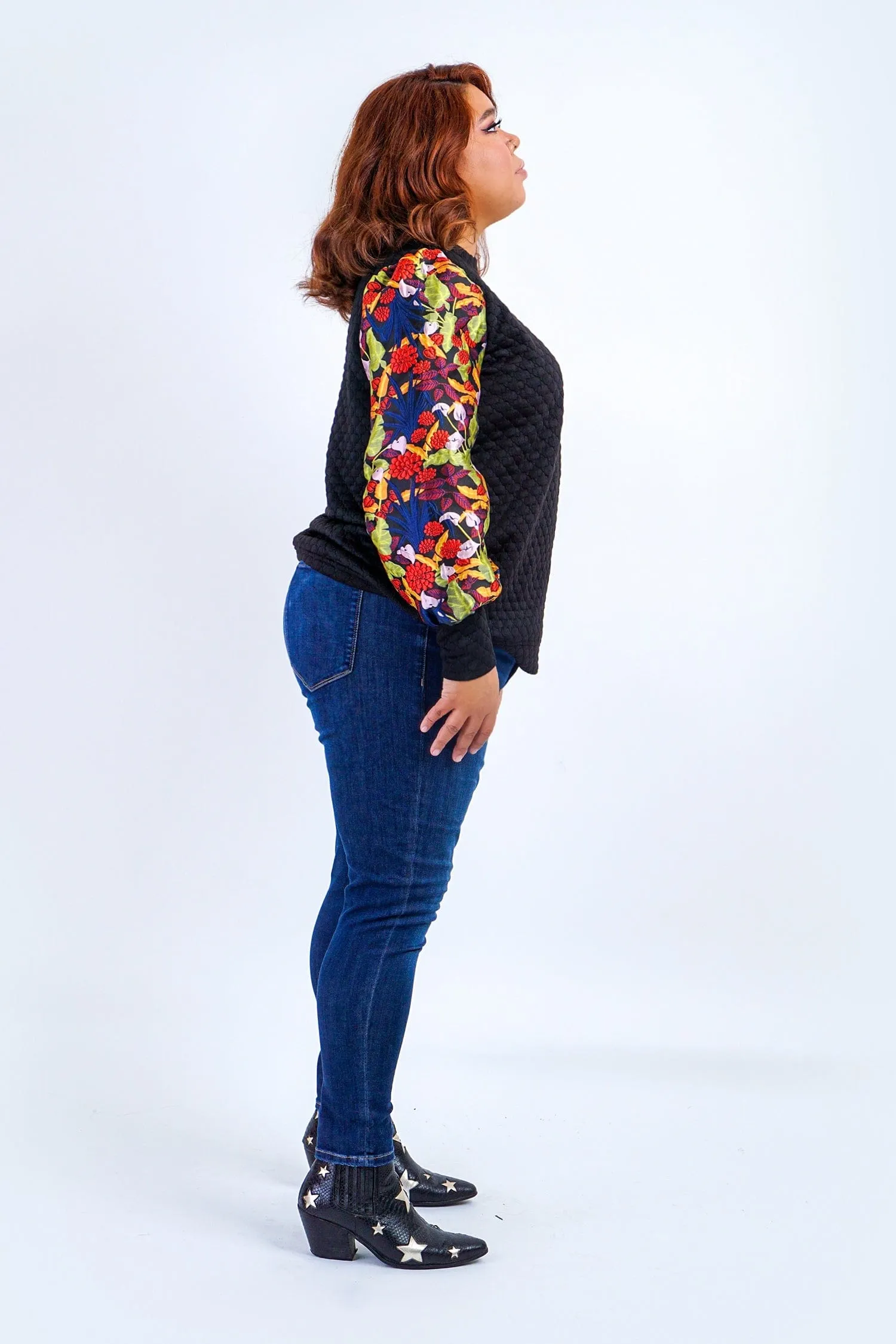 Plus Multicolor Jacquard Sleeves Embossed Black Contrast L/S Top