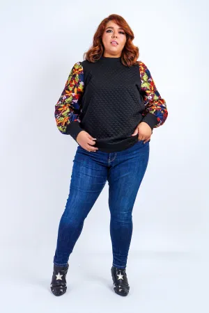 Plus Multicolor Jacquard Sleeves Embossed Black Contrast L/S Top