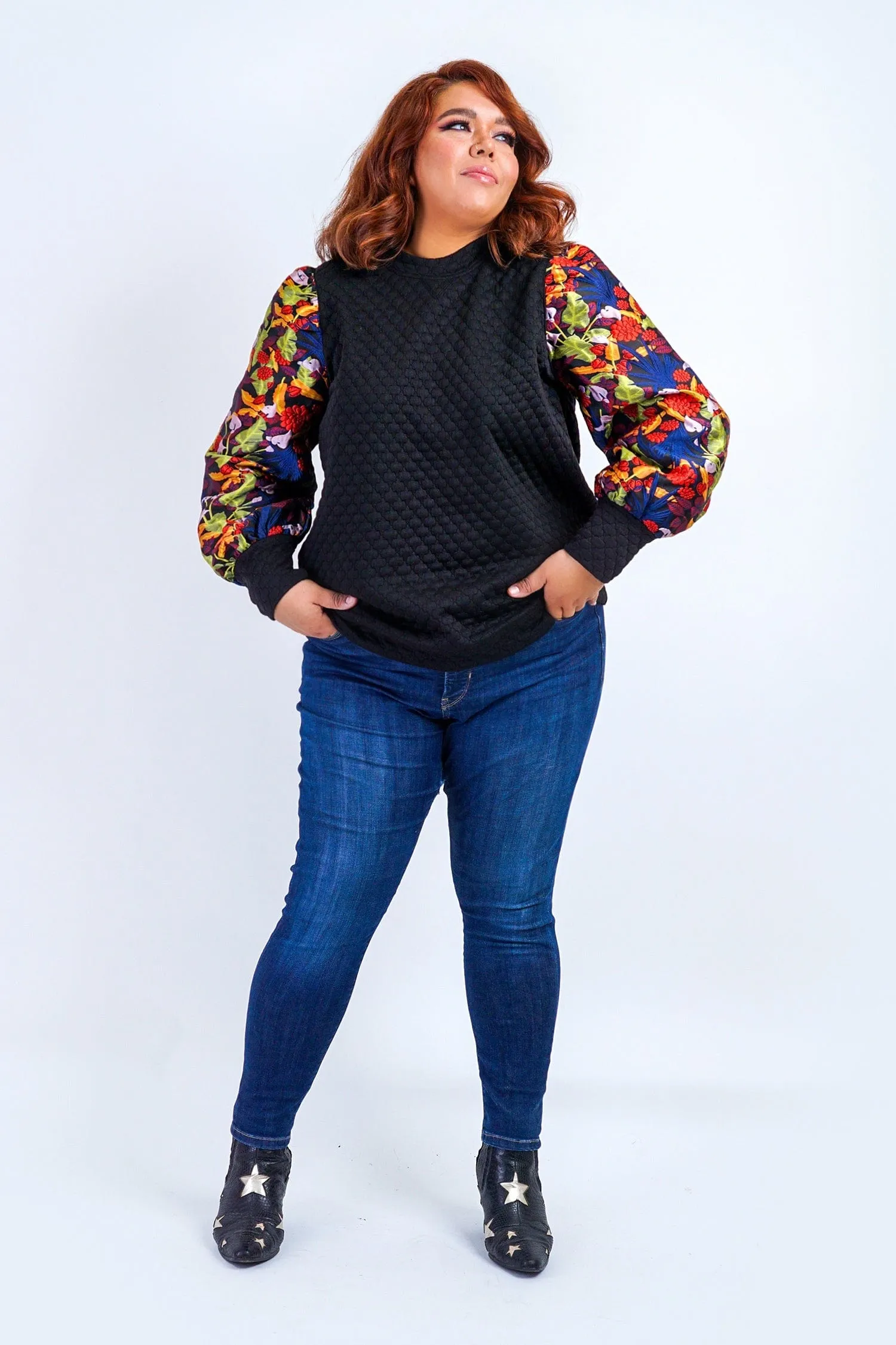 Plus Multicolor Jacquard Sleeves Embossed Black Contrast L/S Top