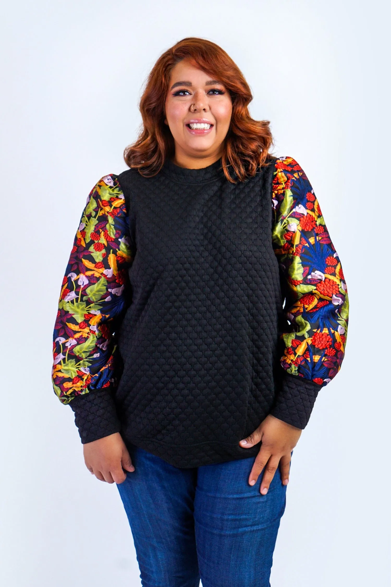 Plus Multicolor Jacquard Sleeves Embossed Black Contrast L/S Top