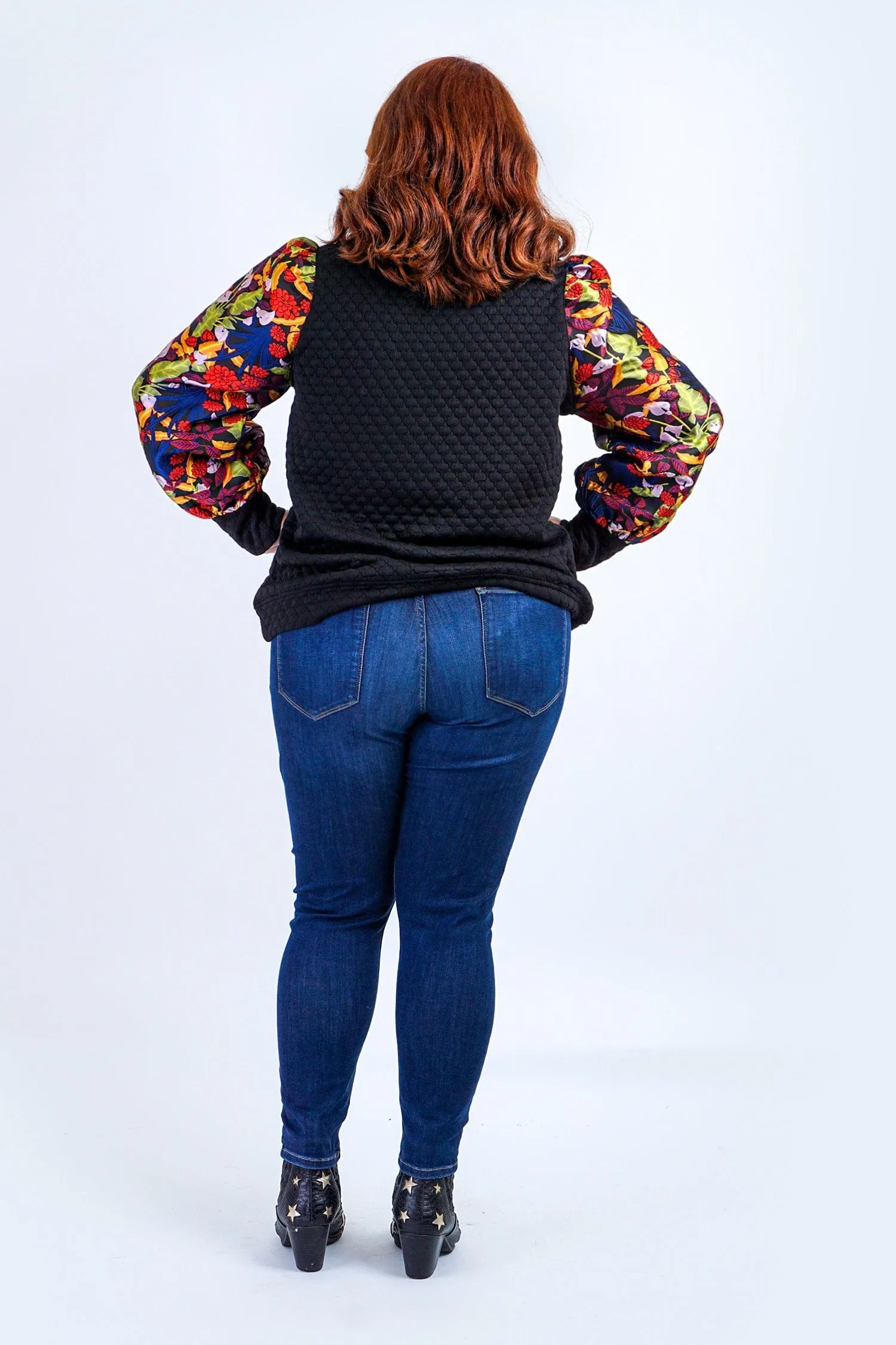 Plus Multicolor Jacquard Sleeves Embossed Black Contrast L/S Top