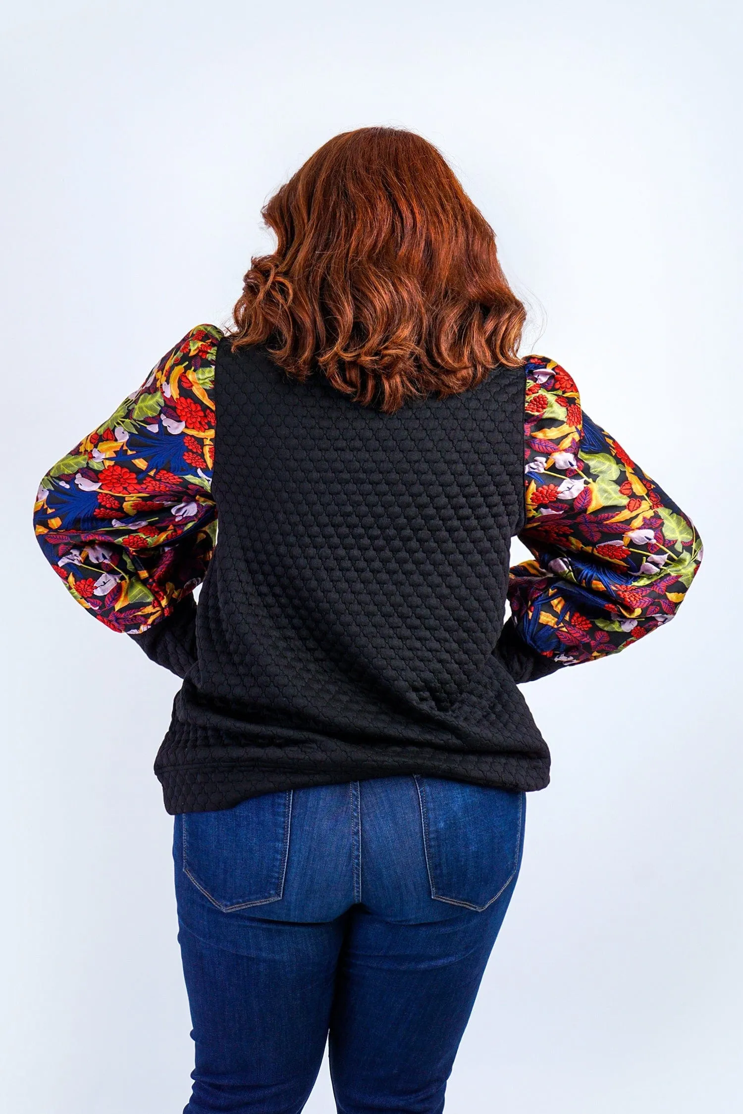 Plus Multicolor Jacquard Sleeves Embossed Black Contrast L/S Top