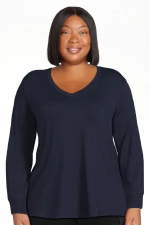 Plus Size Navy V-Neck Semi Fitted T-Shirt with Long Sleeves