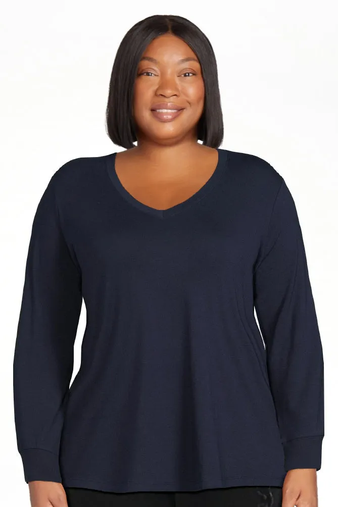 Plus Size Navy V-Neck Semi Fitted T-Shirt with Long Sleeves