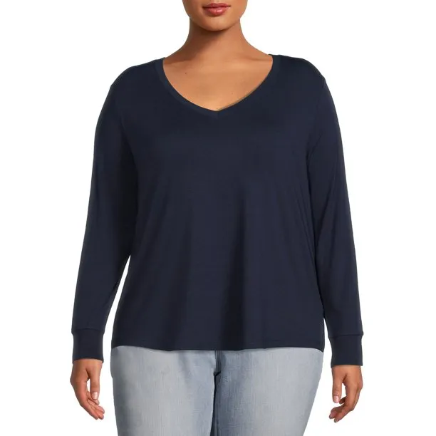 Plus Size Navy V-Neck Semi Fitted T-Shirt with Long Sleeves