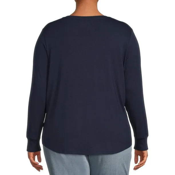 Plus Size Navy V-Neck Semi Fitted T-Shirt with Long Sleeves