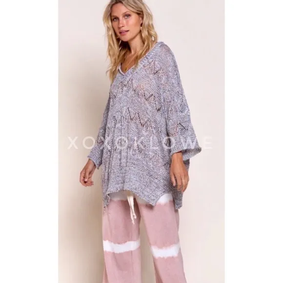 POL Grey Rainbow Confetti V Neck Lightweight Sweater Oversized