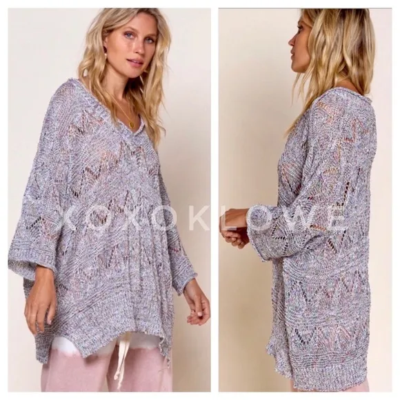 POL Grey Rainbow Confetti V Neck Lightweight Sweater Oversized
