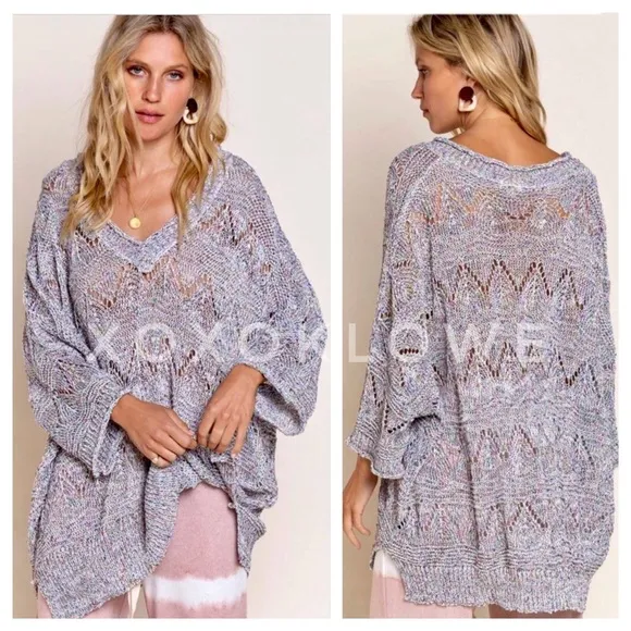 POL Grey Rainbow Confetti V Neck Lightweight Sweater Oversized