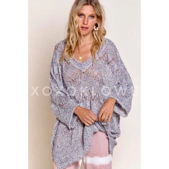 POL Grey Rainbow Confetti V Neck Lightweight Sweater Oversized