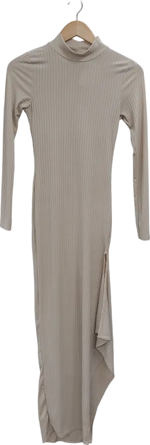 PrettyLittleThing Beige Side Split Ribbed Maxi Dress UK 6