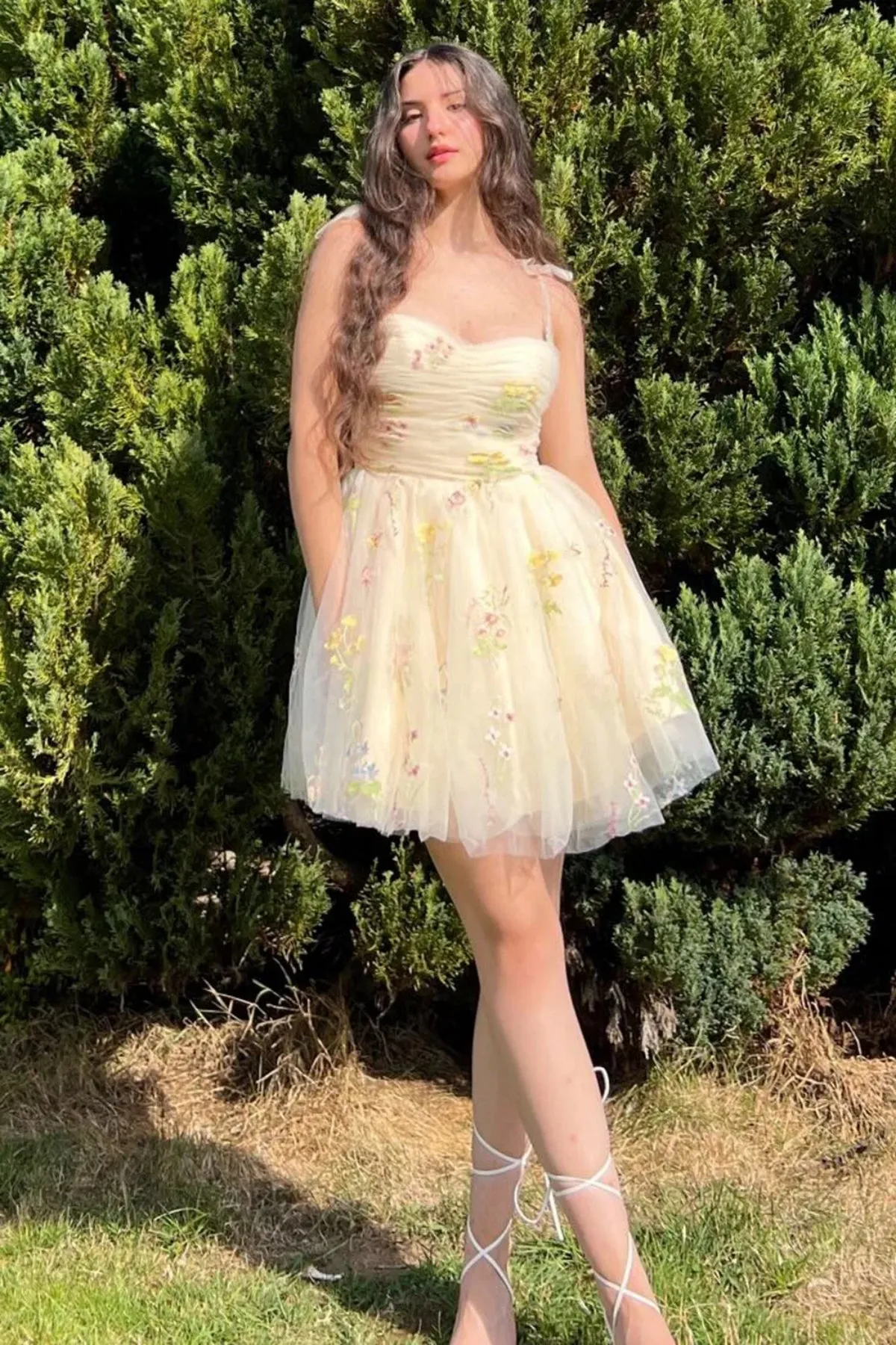 Princess Light Champagne Lace Short Prom Dress with Embroidery, Short Champagne Homecoming Dress, Champagne Formal Evening Dress with Appliques A2159