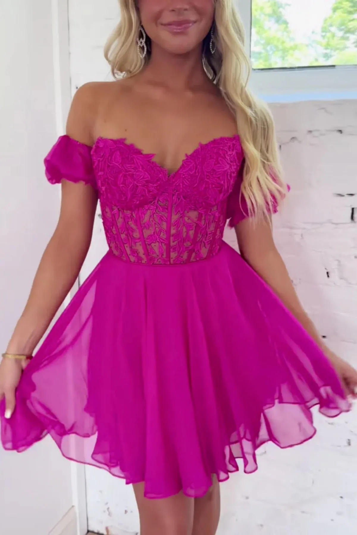 Princess Off the Shoulder Fuchsia Lace Prom Dress, Off Shoulder Fuchsia Homecoming Dress, Fuchsia Lace Formal Graduation Evening Dress A1911