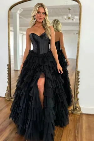 Princess Strapless Black Long Prom Dress with High Split, Black Formal Evening Dress, Ball Gown A2063