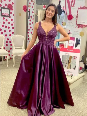 Purple A Line V Neck Lace Satin Long Prom Dresses, Lace Purple Formal Dresses, Evening Dresses