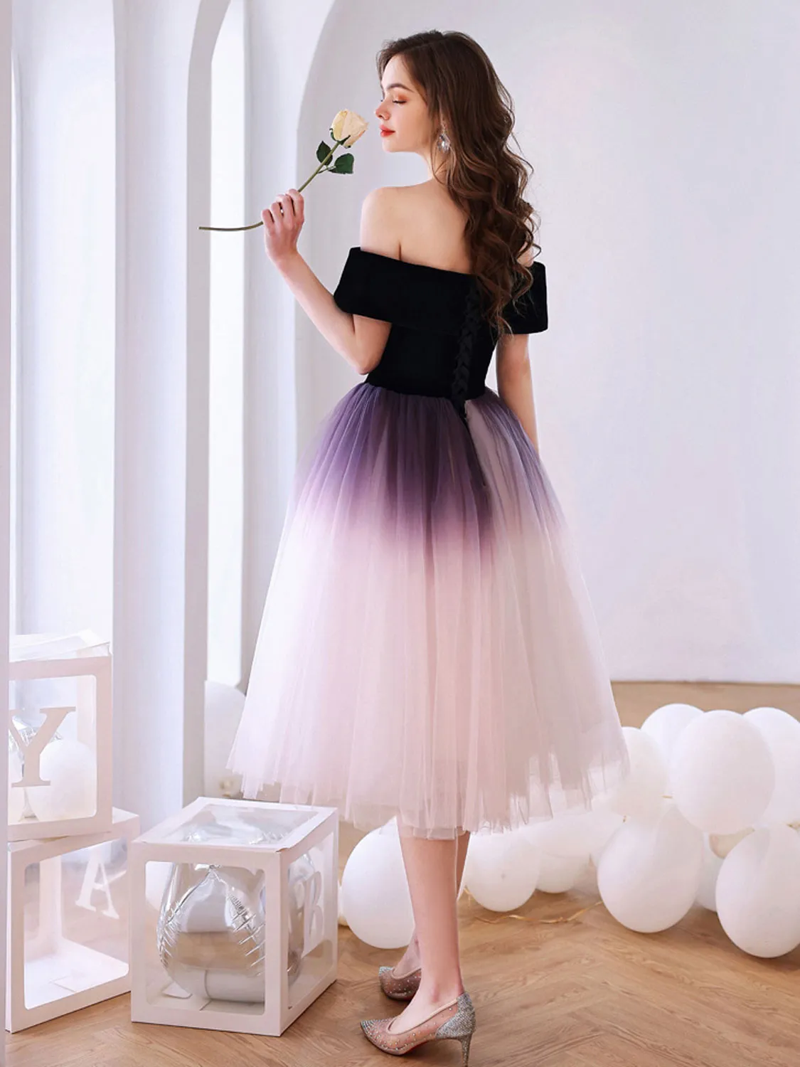 Purple off shoulder tulle short prom dress purple homecoming dress