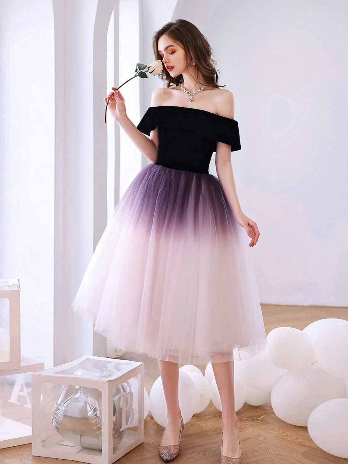 Purple off shoulder tulle short prom dress purple homecoming dress