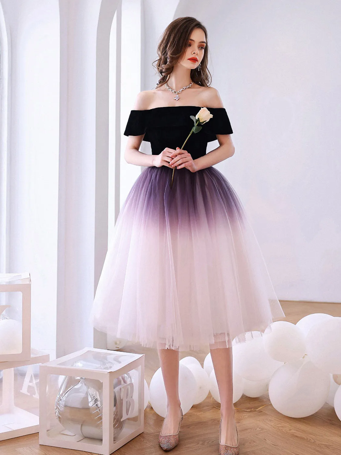 Purple off shoulder tulle short prom dress purple homecoming dress