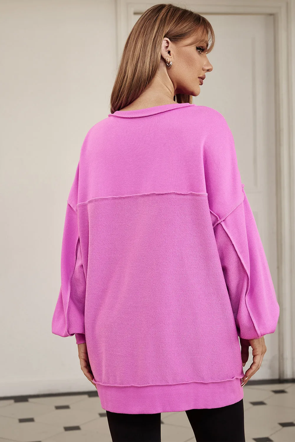 Purple Oversized Exposed Seam Henley Sweatshirt