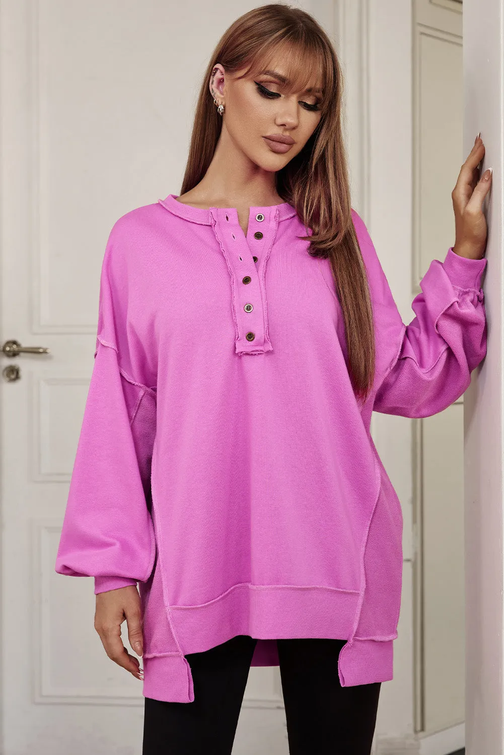 Purple Oversized Exposed Seam Henley Sweatshirt